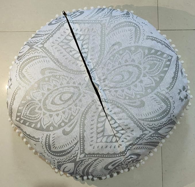 24" White Silver Flower Mandala Barmeri Large Floor Pillow Cover Cushion Meditation Seating Ottoman Throw Cover Hippie Decorative Zipped Bohemian Pouf Ottoman Pom Pom Cases 24 " round - Bloomnest