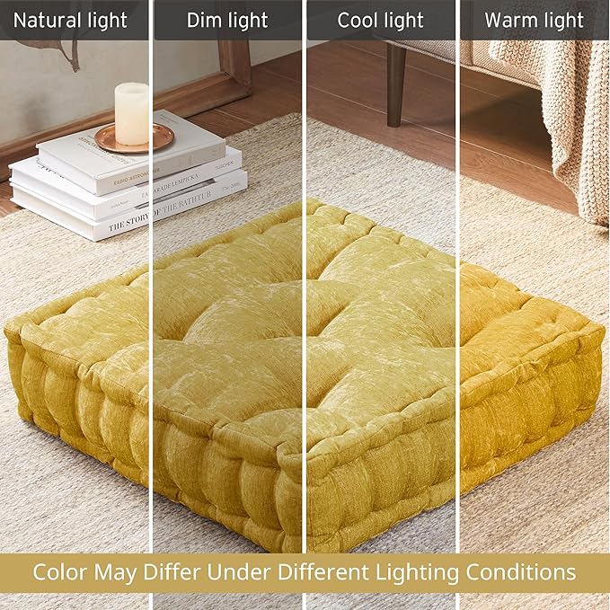 Intelligent Design Azza Floor Pillow, Large Cushions Sitting for Adults, Floor Pillow for Meditation or Yoga, Lustrous Chenille Tufted with Scalloped Edges for Bench/Chair Cushion, 20"x20"x5" Yellow - Bloomnest