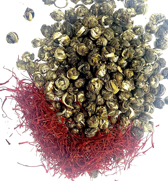 FIRE TEAS Imperial Jasmine Dragon Pearls Tea with Saffron - Rolled Green Tea Pearls, Delicious, Strong Aroma & Taste - Bloomnest