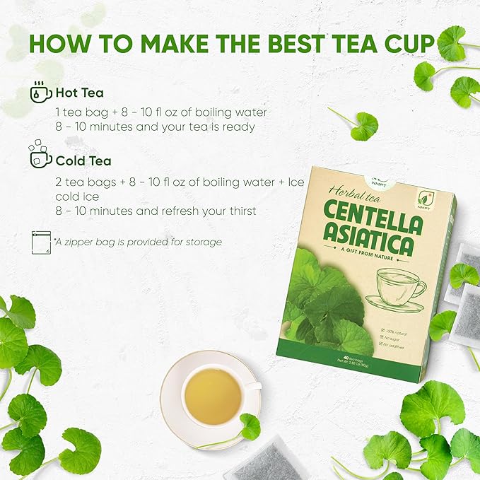 NMPT Centella Asiatica Leaf Tea, 100% Hand Pick, Organic Herbal Tea, 40 Count, Freeze Drying, Gluten Free, Dairy Free, No Sugar Added, Energy Boost & Health Support, 0.07 Oz Each - Bloomnest