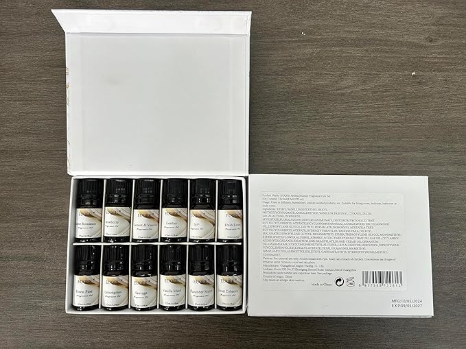 EUQEE 12pcs Fragrance Oils Gift Set, Premium Essential Oils Set for Diffuser, Candle, Soap Making, Travel, with Amber, Coconut&Vanilla, Fresh Linen, Leather, Forest Pine, Gift Set for Women and Men EUQEE
