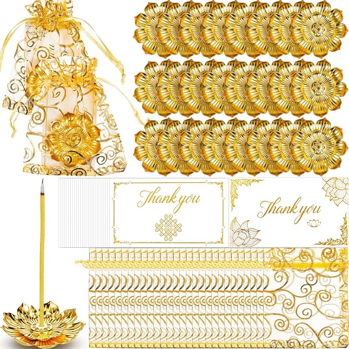 Amyhill 72 Pack Diwali Gifts Bulk, Lotus Incense Burner, Indian Return Gifts for Pooja Bulk, Stick Holder, Gold Double Layer Design with Organza Bags & Thank You Cards, Indian Return Gift (Golden) - Bloomnest