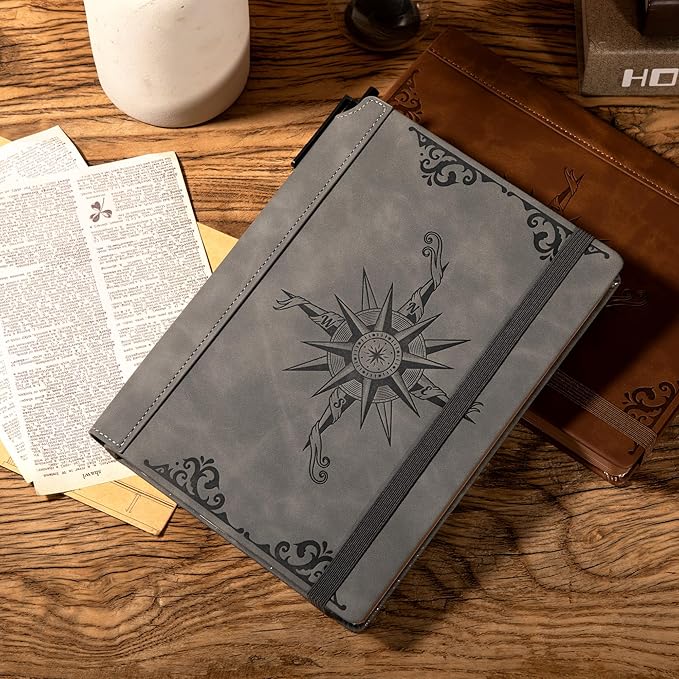 CAGIE Compass Leather Notebook Journal for Men, 100 GSM 288 Pages Lined Journals for Writing, A5 Hardcover Journaling Notebooks Gift Set with Pen for Travel Office Daily Writing - Bloomnest