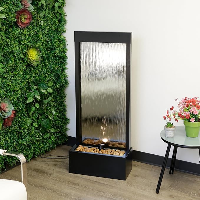 Alpine Corporation - Mirror Waterfall Fountain with Stones & Lights - Zen Indoor/Outdoor Decor for Office, Living Room, Patio, Entryway - 48 Inches (Silver) - Bloomnest