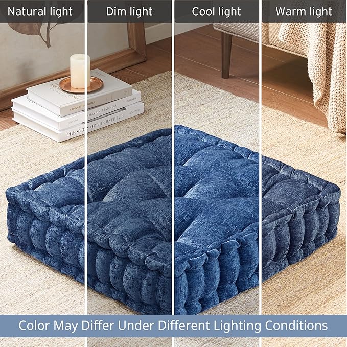 Intelligent Design Azza Floor Pillow, Large Cushions Sitting for Adults, Floor Pillow for Meditation or Yoga, Lustrous Chenille Tufted with Scalloped Edges for Bench/Chair Cushion, 20"x20"x5" Navy - Bloomnest