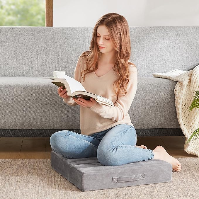 Codi Floor Cushions for Adults, Large Meditation Pillows with Thick Foam and Soft Tufted Covers, Washable Square Seating for Couch and Yoga Sitting, 22×22×5 inch Grey - Bloomnest