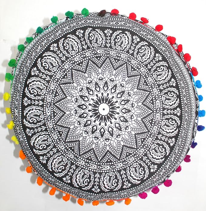 INDIAN CRAFT CASTLE ICC Mandala Barmeri Large Floor Pillow Cover Cushion Meditation Seating Ottoman Throw Cover Hippie Decorative Zipped Bohemian Pouf Ottoman Cases Black Elephant, 24" Round - Bloomnest