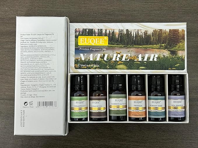 EUQEE Nature Air Premium Grade Scented Oils Gift Set - Sea Breeze, Forest Pine, Bamboo & Teak, Cedarwood, Sandalwood, Freesia (10ml) EUQEE