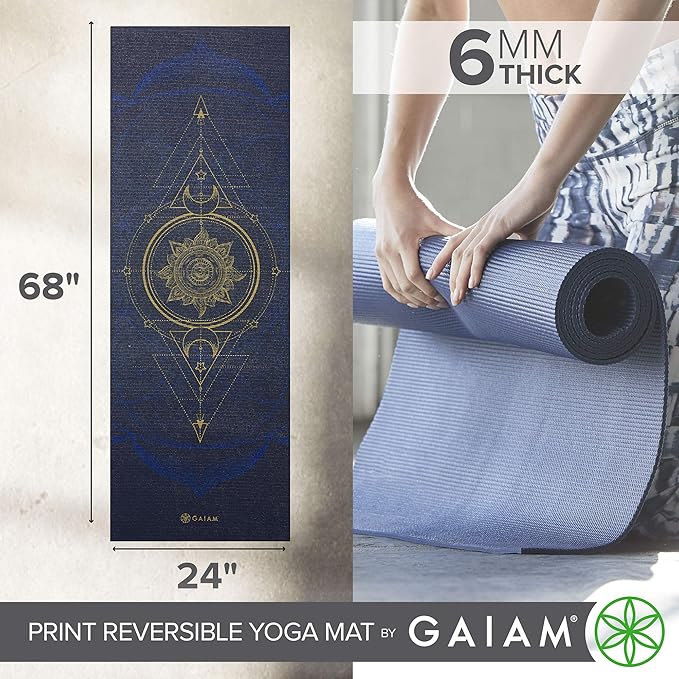 Gaiam Yoga Mat - Premium 6mm Print Reversible Extra Thick Non Slip Exercise & Fitness Mat for All Types of Yoga, Pilates & Floor Workouts (68" x 24" x 6mm Thick) - Bloomnest
