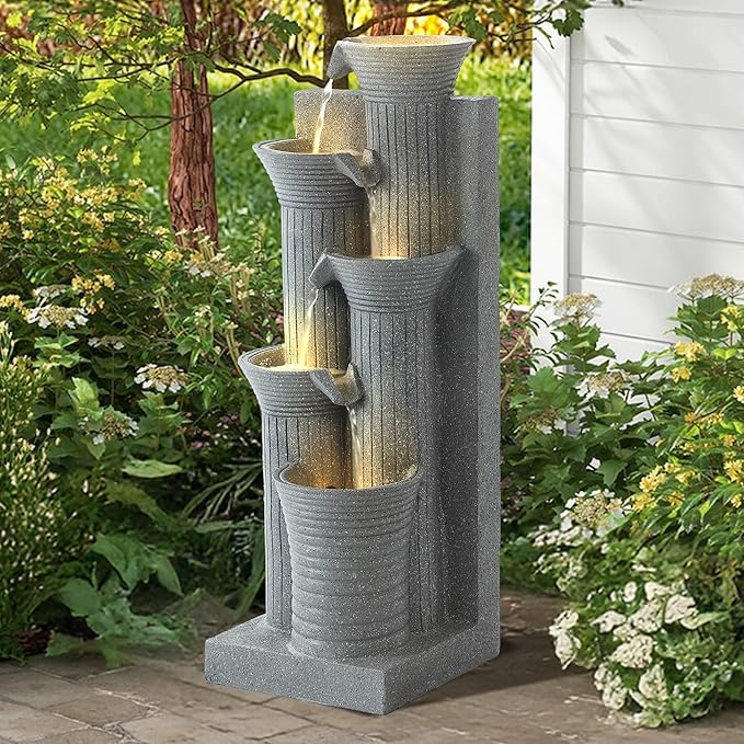 Grepatio Garden Water Fountain, 5 Tier Outdoor Cascading Waterfalls Fountains with LED Lights and Pump Indoor Modern 24" H Floor Standing Water Fountain for Garden, Patio, House Decor (Light Grey) - Bloomnest