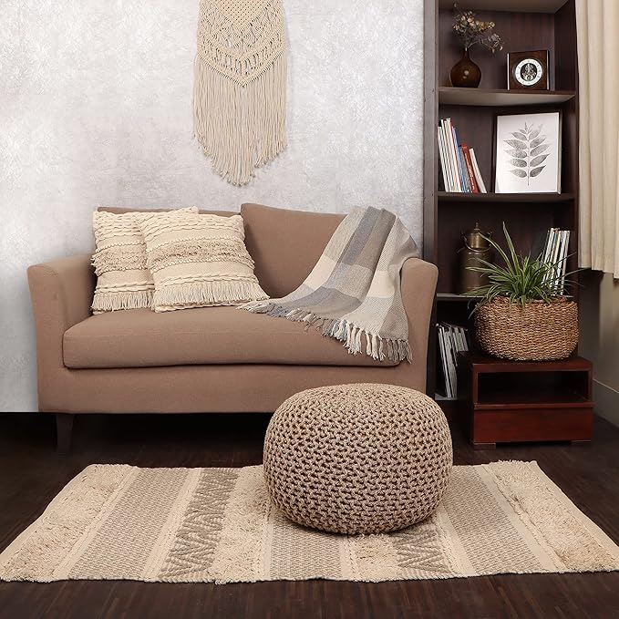 REDEARTH Round Pouf Ottoman - Hand Knitted Cable Boho Poof Home Décor Pouffe Circular Footrest for Living Room - Nursery - Bedroom - Lounge 100% Cotton (18”x18”x14”) - Beige Ivory - Bloomnest