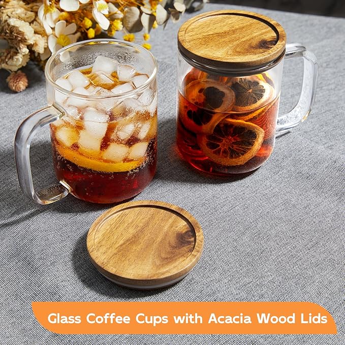 DRASTAR Glass Coffee Cups, 12 oz Clear Coffee Mugs, Flat Bottomed Cups with Acacia Wood Lid, Glass Tea Cup with Handle, Espresso Cappuccino Tea Cup Set of 2 - Bloomnest