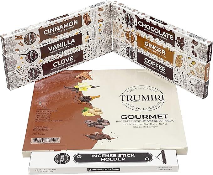 Gourmet Incense Sticks Variety Pack - 120 Insence-Sticks (6 Incents x 20 Insense) - Cinnamon Vanilla Coffee Chocolate - Natural Inscents-Sticks Non Toxic Inciensos + Incense Holder for Fall Christmas - Bloomnest