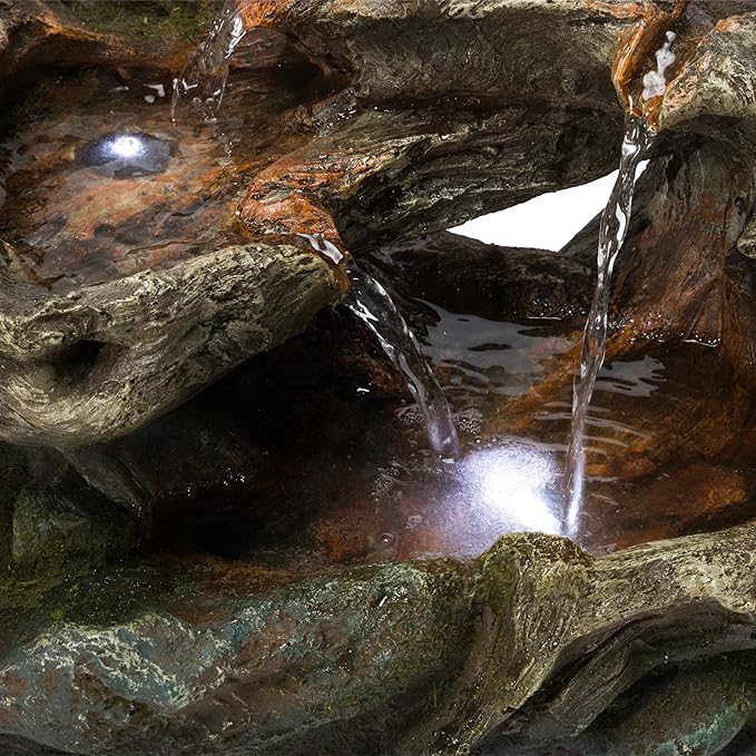 Alpine Corporation WIN1334 10" Tall Tabletop 3-Tier Waterfall Rock Fountain with LED Lights, Indoor Decorative Water Feature for Desk, Table, Office, and Home, Brown - Bloomnest