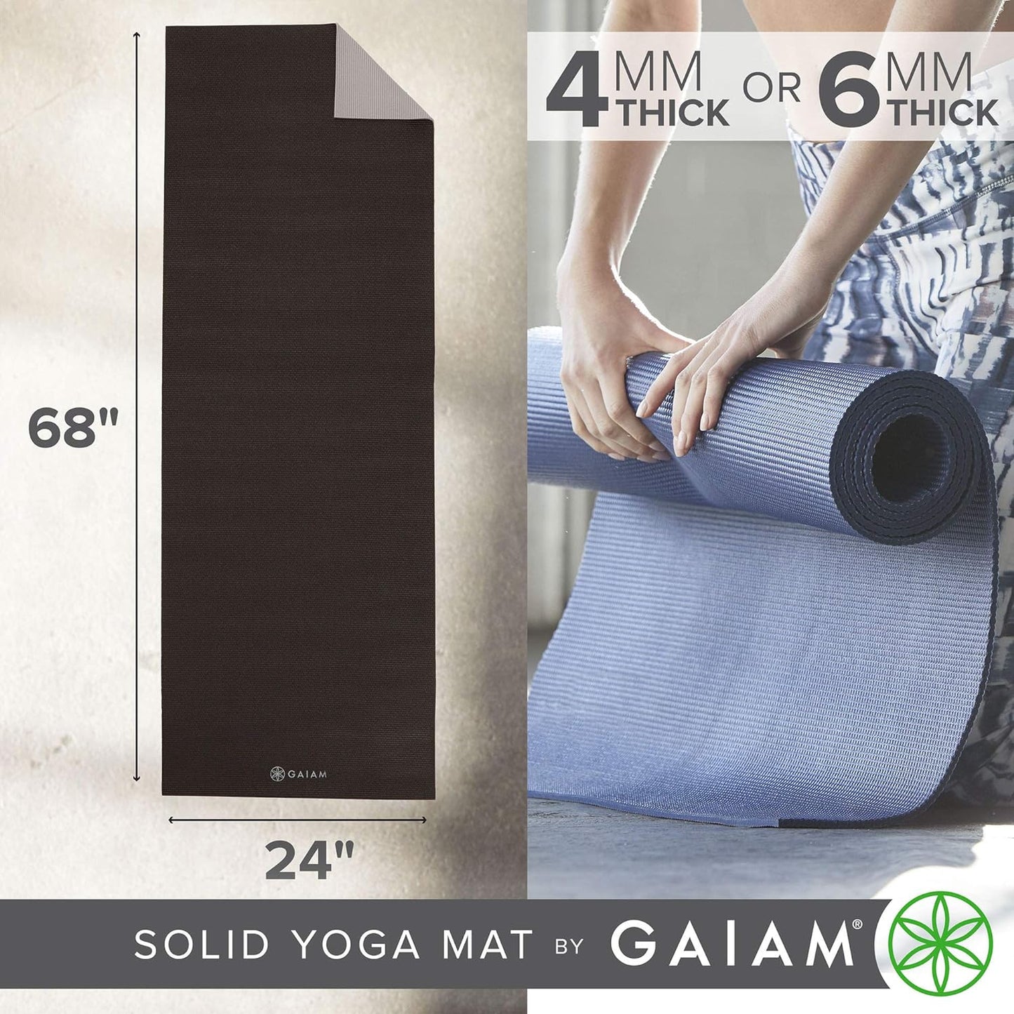 Gaiam Solid Color Yoga Mat, Non Slip Exercise & Fitness Mat for All Types of Yoga, Pilates & Floor Exercises