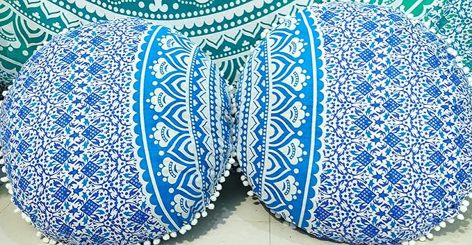 INDIAN CRAFT CASTLE 24" Mandala Barmeri Large Floor Pillow Cover Cushion Meditation Seating Ottoman Throw Cover Hippie Decorative Zipped Bohemian Pouf Ottoman Poufs, Pom Pom Pillow Cases - Bloomnest