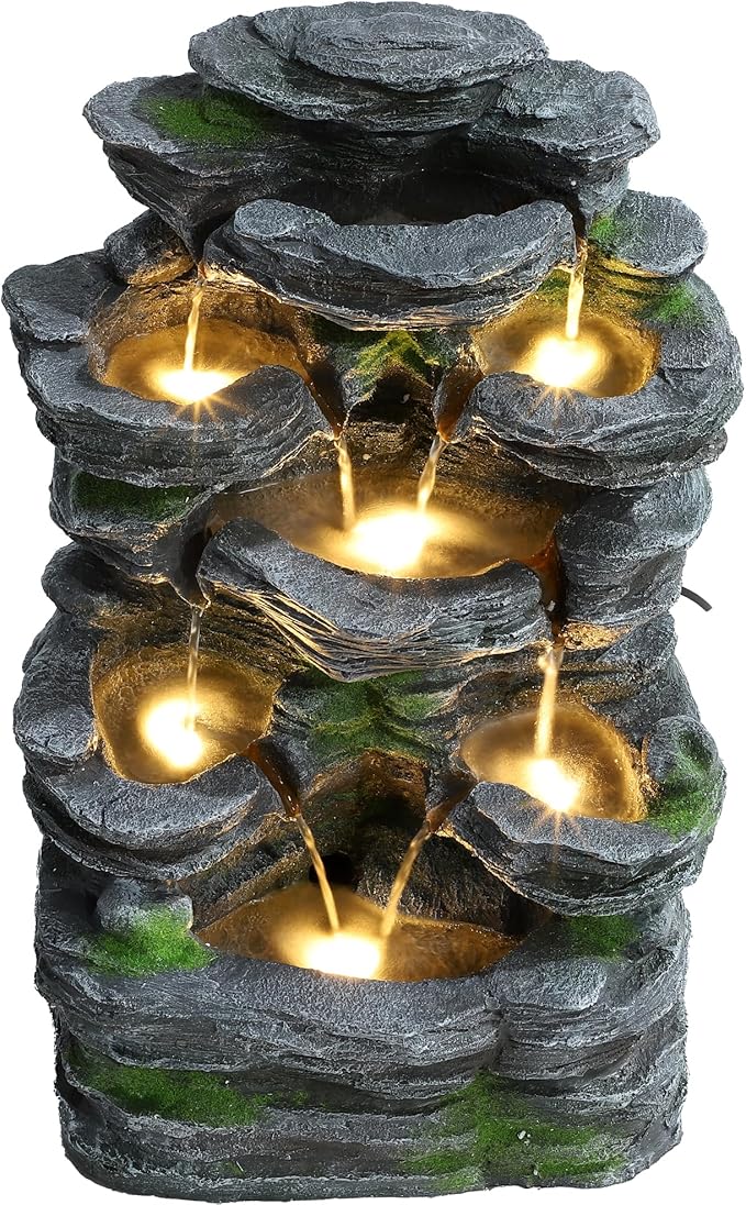 TITIMO 7-Tier Cascading Rock Water Fountain Outdoor Garden Waterfall with Lights,Fountain Indoor Decor for Garden, Patio, Backyard, Deck, Porch and Home Art Decor (24" H) - Bloomnest