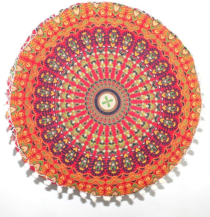 INDIAN CRAFT CASTLE ICC Red Peacock Mandala Barmeri Large Floor Pillow Cover Cushion Meditation Seating Ottoman Throw Cover Hippie Decorative Zipped Bohemian Pouf Ottoman Cases 16" Round - Bloomnest