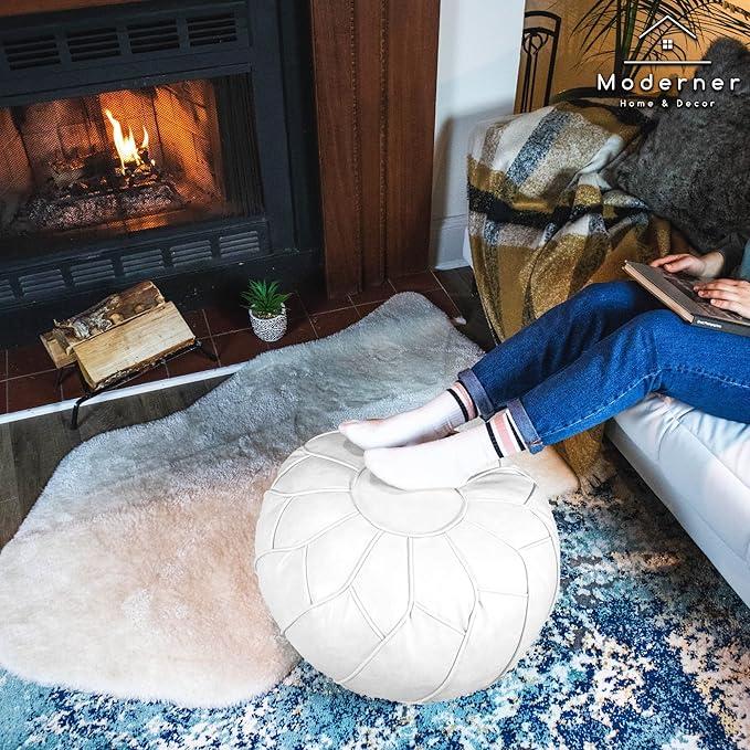 Moderner Faux Leather Pouf Unstuffed Ottoman Moroccan Footstool, Floor Footrest Cushion, Storage Solution - Natural Brown Color (White, Round) - Bloomnest