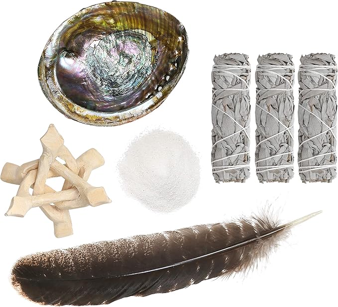 Sage Smudge Kit - White Sage Smudge Sticks - 4in ~ Abalone Shell 5-6in ~ 2in Tripod Stand ~ 9-12in Feather and White Sand - Bloomnest