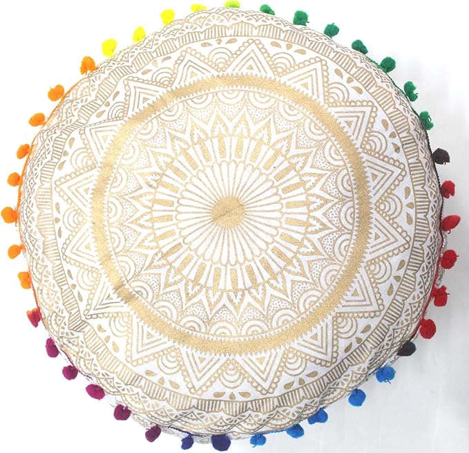 INDIAN CRAFT CASTLE ICC Mandala Barmeri Large Floor Pillow Cover Cushion Meditation Seating Ottoman Throw Cover Hippie Decorative Zipped Bohemian Pouf Ottoman Cases Gold, 18" Round - Bloomnest