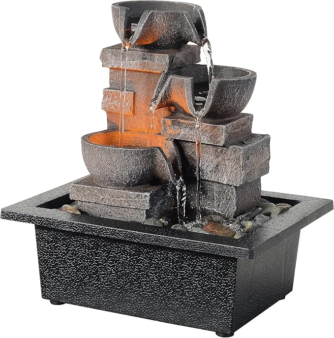 Indoor Fountain 3-Bowl Rockery Soothing Sound Tabletop Fountains Home/Office Decor with Natural River Rocks LED Lights Automatic Watering Pump(22044A)