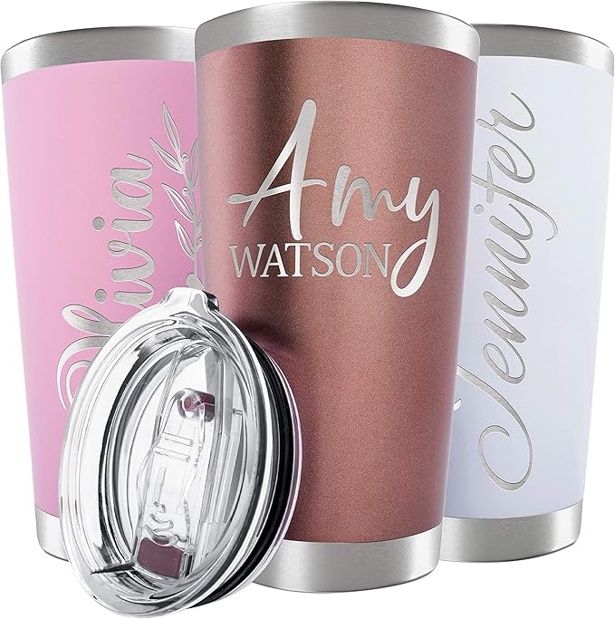 Personalized Tumbler with Engraved Name - 12 Designs, 20 Oz Coffee Tumbler with Slider Lid, Rose Gold, Double Wall Insulated - Custom Gifts for Women - Bloomnest