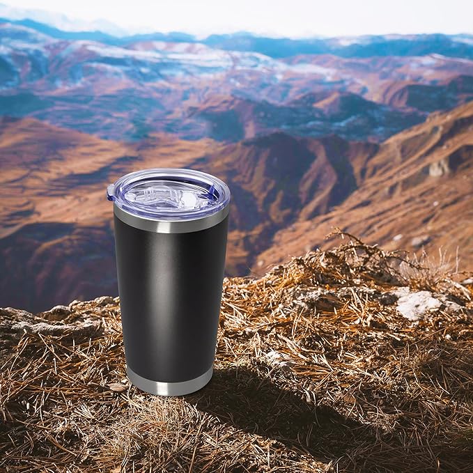 20 oz Tumbler Coffee Travel Tumblers Bulk with Lid Stainless Steel Double Wall Vacuum Insulated Mug Powder Coated Cups fit Car Cupholder for Hot and Cold - Black, 1Pack
