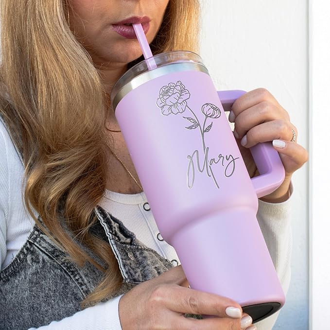 Custom 40 Oz Birth Flower Tumbler with Handle - Engraved Name and Insulated Stainless Steel Mug for Hot or Cold Drinks - Birthday Gifts for Women, Cream - Bloomnest