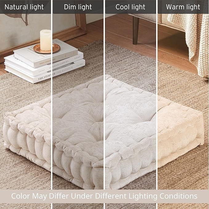 Intelligent Design Azza Floor Pillow, Large Cushions Sitting for Adults, Floor Pillow for Meditation or Yoga, Lustrous Chenille Tufted with Scalloped Edges for Bench/Chair Cushion, 20"x20"x5" Ivory - Bloomnest