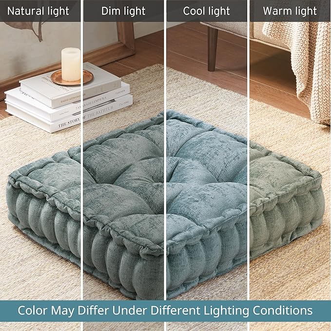 Intelligent Design Azza Floor Pillow, Large Cushions Sitting for Adults, Floor Pillow for Meditation or Yoga, Lustrous Chenille Tufted with Scalloped Edges for Bench/Chair Cushion, 20"x20"x5" Aqua - Bloomnest