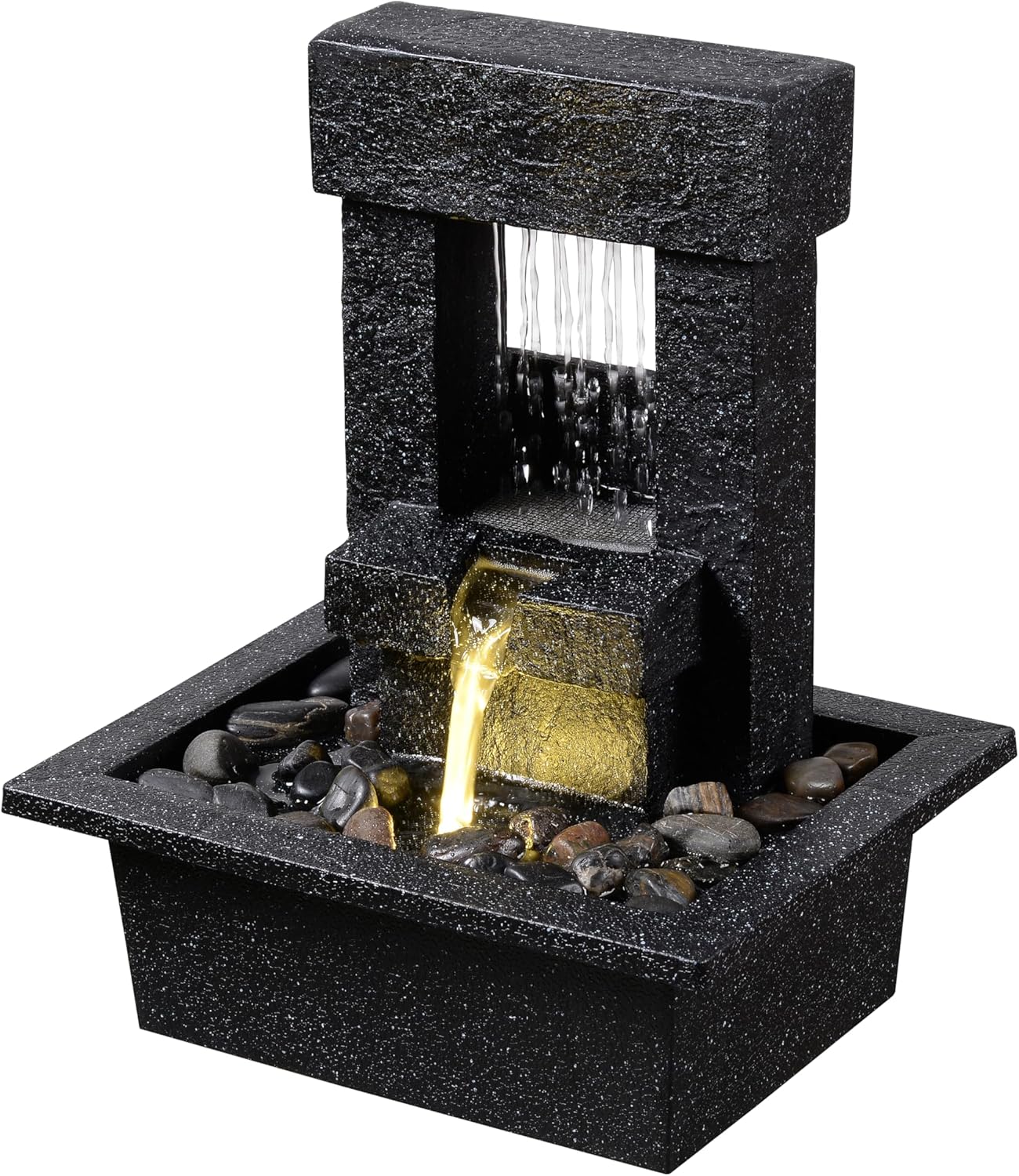 Indoor Tabletop Water Fountain with LED Light – Modern Black Desk Waterfall Feature with Soothing Sounds and River Rocks, Relaxation Zen Decor for Home Office Bedroom
