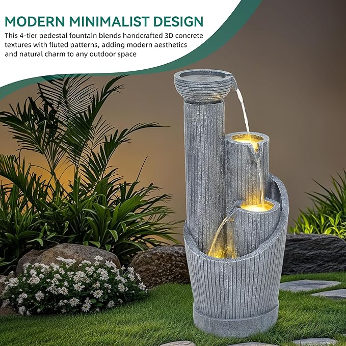 31" Modern Outdoor Water Fountain with LED Lights, 5-Tier Twist Pedestal Bowl Garden Fountain, Cascading Waterfall for Relaxing Garden, Patio, Backyard, Deck, Porch or Home Decor - Bloomnest