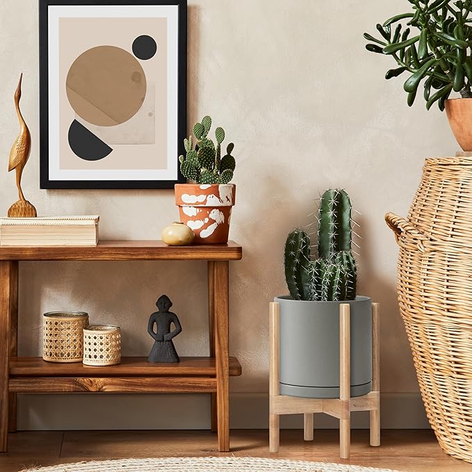 D'vine Dev Ceramic Planter with Natural Stand - 10 Inch Modern Round Flower Pot with Wood Planter Holder, Grey, 55-B-K-3 - Bloomnest