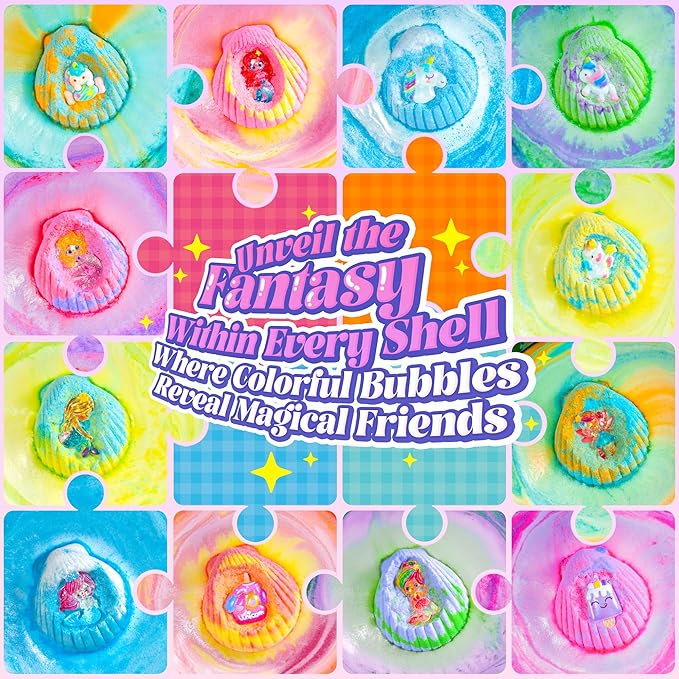 Shell Bath Bombs for Girls – 12 Pack Child-Safe Aromatherapy Bath Bombs with 20 Surprise Toys Inside, 6 Fruity Scents in 2 Gift Boxes (Mermaid & Unicorn Themes), Christmas Gift for Kids - Bloomnest