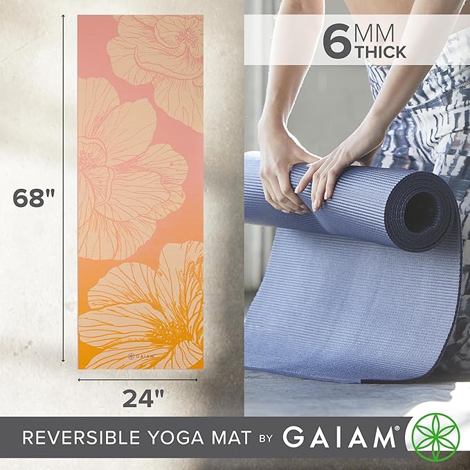 Gaiam Yoga Mat - Premium 6mm Print Reversible Extra Thick Non Slip Exercise & Fitness Mat for All Types of Yoga, Pilates & Floor Workouts (68" x 24" x 6mm Thick) - Bloomnest