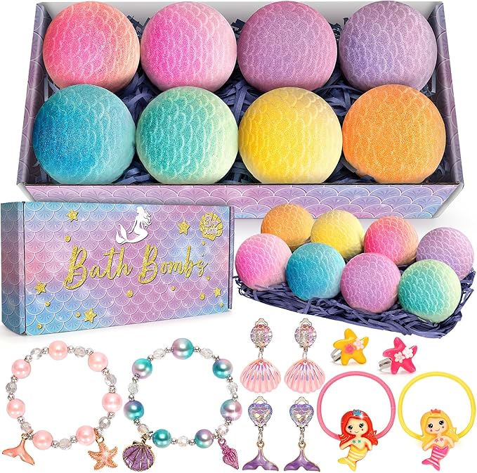 8 Packs Mermaid Bath Bombs for Kids Girls, Bubble Bath Bomb Kit with Surprise Toys Inside, Bath Toys for Kids Aged 4-8, Ideal Birthday Christmas Gifts Stocking Stuffers for Girls 3 4 5 6 - Bloomnest