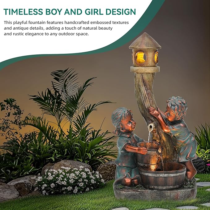 31" Resin Outdoor Water Fountain with LED Lights, Boy-Girl, Pagoda and Wood Barrel Garden Fountain, 3-Tier Cascading Waterfall for Tranquil Backyard, Patio or Porch, Faux Bronze Finish - Bloomnest