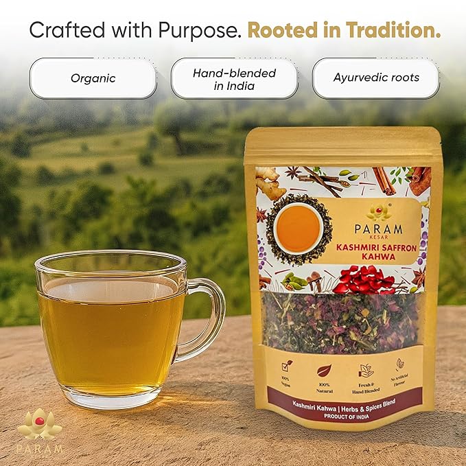 Param Kesar Organic Saffron Cardamom Cinnamon Herbal Green Tea | Detox & Digestive Support | Aromatic Indian Spice Blend with Rose & Licorice | 100g Loose Leaf Tea - Bloomnest
