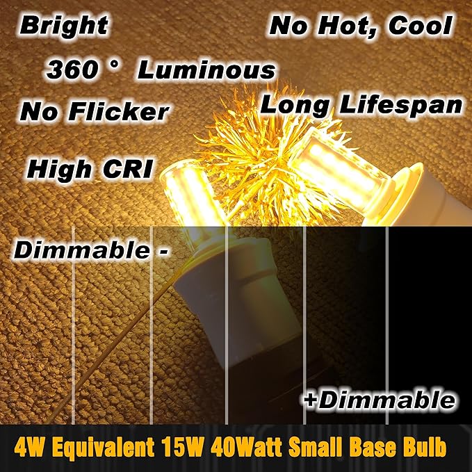 Dimmable E12 LED Bulb Himalayan Salt Lamp 4W, Equivalent 15W 40W, 400lm 2700K Warm White AC120V S6 C7 E12 Candelabra Base for Night Light Chandeliers Christmas Light Candle Lamp Dryer Bulbs, 4 Pack - Bloomnest