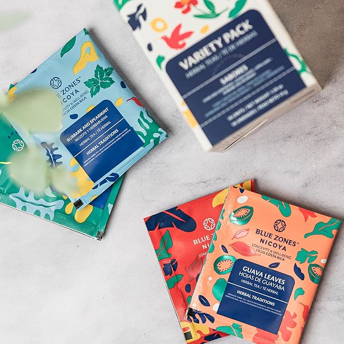 Blue Zones Nicoya - Variety Pack of 5 Lippia Alba & Hibiscus, 5 Chan & Lemongrass, 4 Burbark & Spearmint, 4 Guava Leaves Tea Bags - 100% Natural, Organic, and Refreshing - High Micronutrients - Gluten, Caffeine, Sugar-Free - Pack of 18 (1.59 oz/ 45 g) - Bloomnest