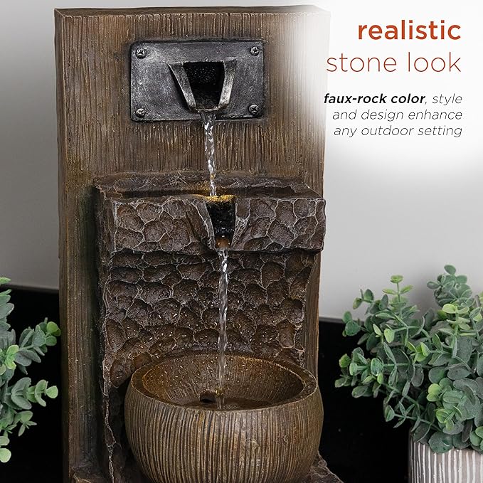 Alpine Corporation ZDQ108 Indoor/Outdoor Floor 3-Tier Fountain with LED Lights, Cascading Garden Water Fountain, 20" H, Brown - Bloomnest