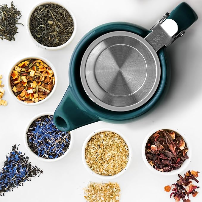 ORNA Ceramic Teapot with Tea Infuser – Small Tea Pot for Loose Leaf Tea – 550ml / 18.6 Oz Porcelain Non-Stove Teapot for 2 Cups with Tea Strainer (Ocean) - Bloomnest