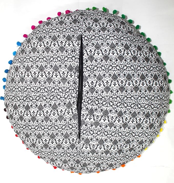 CRAFT KALA Large Round Bohemian Floor Pillow Pouf Cover Mandala Meditation Room Pillow Cover for Adults Boho Seating Poufs Cushion Cover for Kids Playroom 32" Round Grey Ombre - Bloomnest