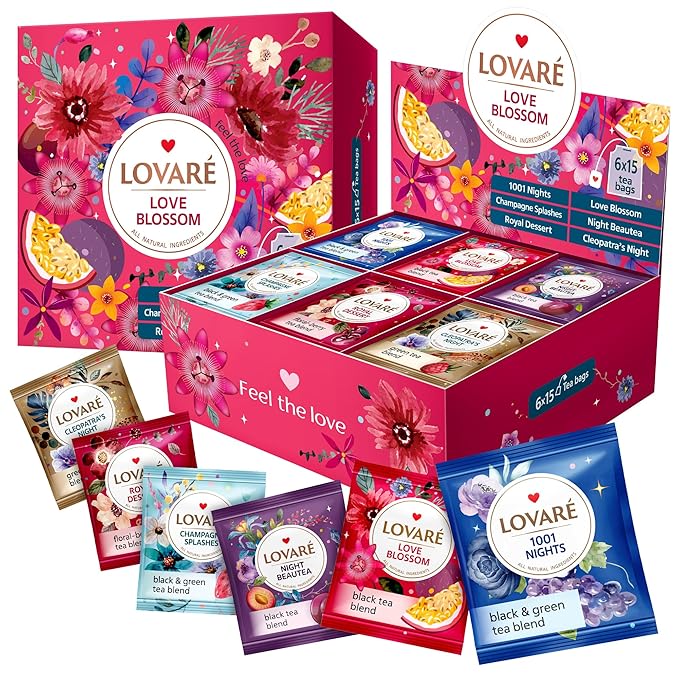 Tea Set By Lovare Made in Ukraine - Assorted Flavors: Love Blossom, Night Beautea, Cleopatra’s Night, Royal Dessert, 1001 Nights, Sparkling Splashes - Fancy Variety of Packets - Gift Box For Flavored Tea Lovers Men & Women (90 Count (LOVE BLOSSOM) - Bloomnest
