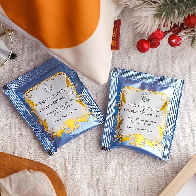 THE VEDAS Ashwagandha Vanilla Green Tea | Green Tea | Biodegradable Cotton Teabags | 40 Tea Bags(Pack of 2) - Bloomnest