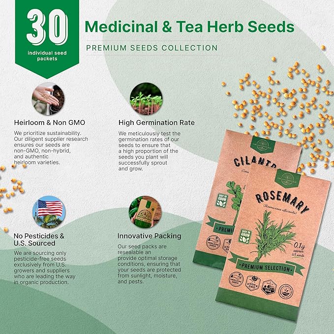 Organo Republic 30 Medicinal & Tea Herb Seeds Variety Pack 15,560+ Non-GMO Heirloom Garden Seeds for Indoor & Outdoors, Including Anise, Bergamot, Borage, Cilantro, Chamomile, Dandelion Seeds - Bloomnest
