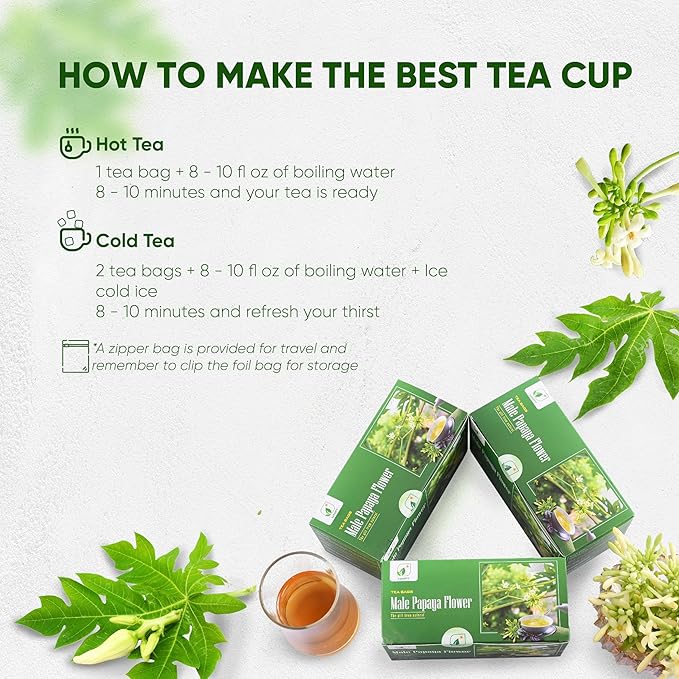 NMPT Dried Papaya Flower Tea, Mixed Bag, Carica Papaya Flower & Celastrus Hindsii Tea, Organic Herbal Tea, 30 Count, Gluten Free, Dairy Free, Sugar Free, Energy Boost & Health Support - Bloomnest