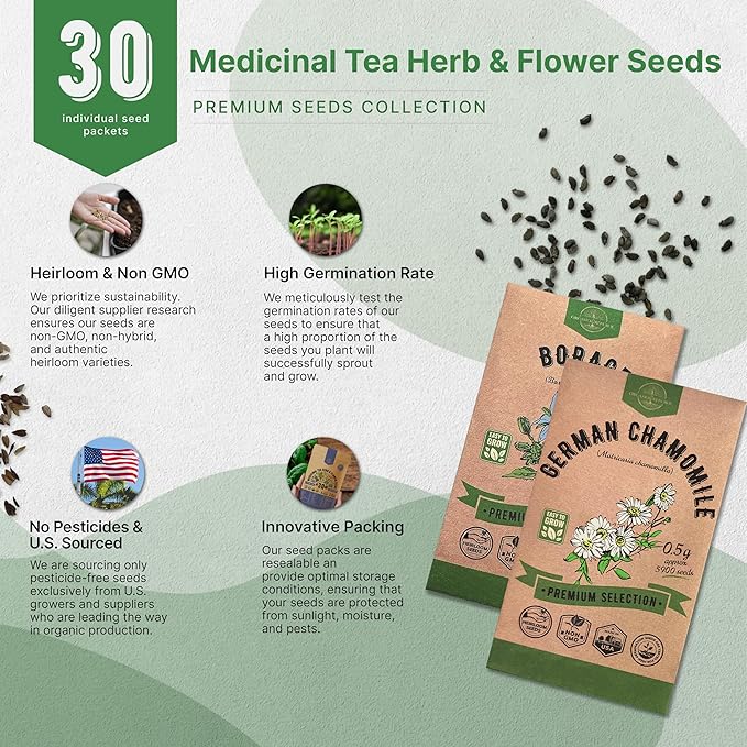 Organo Republic 30 Medicinal Tea Herb & Flower Seeds Variety Pack - 13600+ Non-GMO Heirloom Flower Seeds for Outdoor & Indoor Garden, Including Bergamot, Catnip, Calendula, Dandelion, Lovage, Zinnia - Bloomnest