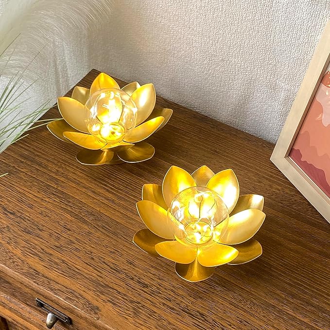 JHY DESIGN Set of 2 Gold Lotus Table Lamp Battery Powered 6''Tall Cordless Lamp Light Battery Operated Great for Living Room Bedroom Weddings Parties Patio Events Indoors Outdoors - Bloomnest